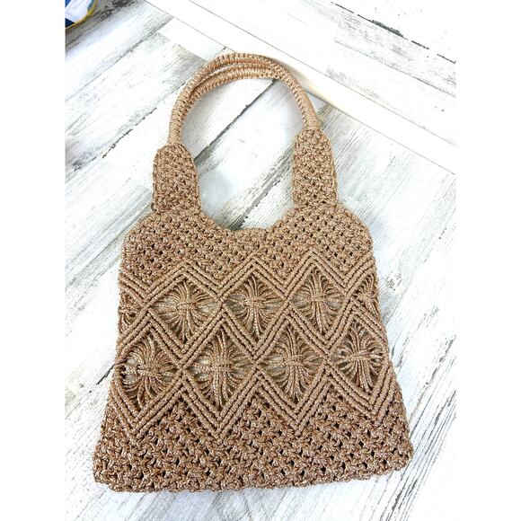 Lulus Women’s Sunny Glitter Gold Woven Crochet Linen Shoulder Tote Bag Zip NEW - Picture 2 of 8